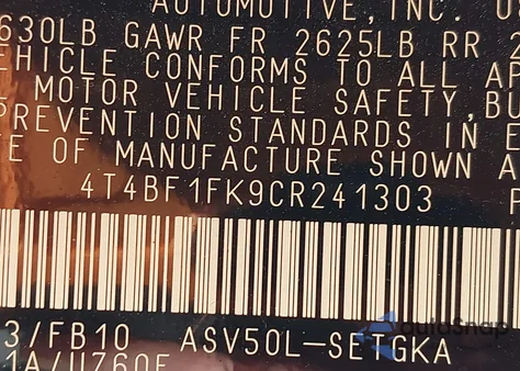 2012 Toyota Camry Xle z USA, uszkodzony, nr VIN 4T4BF1FK9CR241303